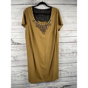 Lane Bryant Dress Womens 20 Beige Embellished Scoop Neck Linen Shift Knee Length